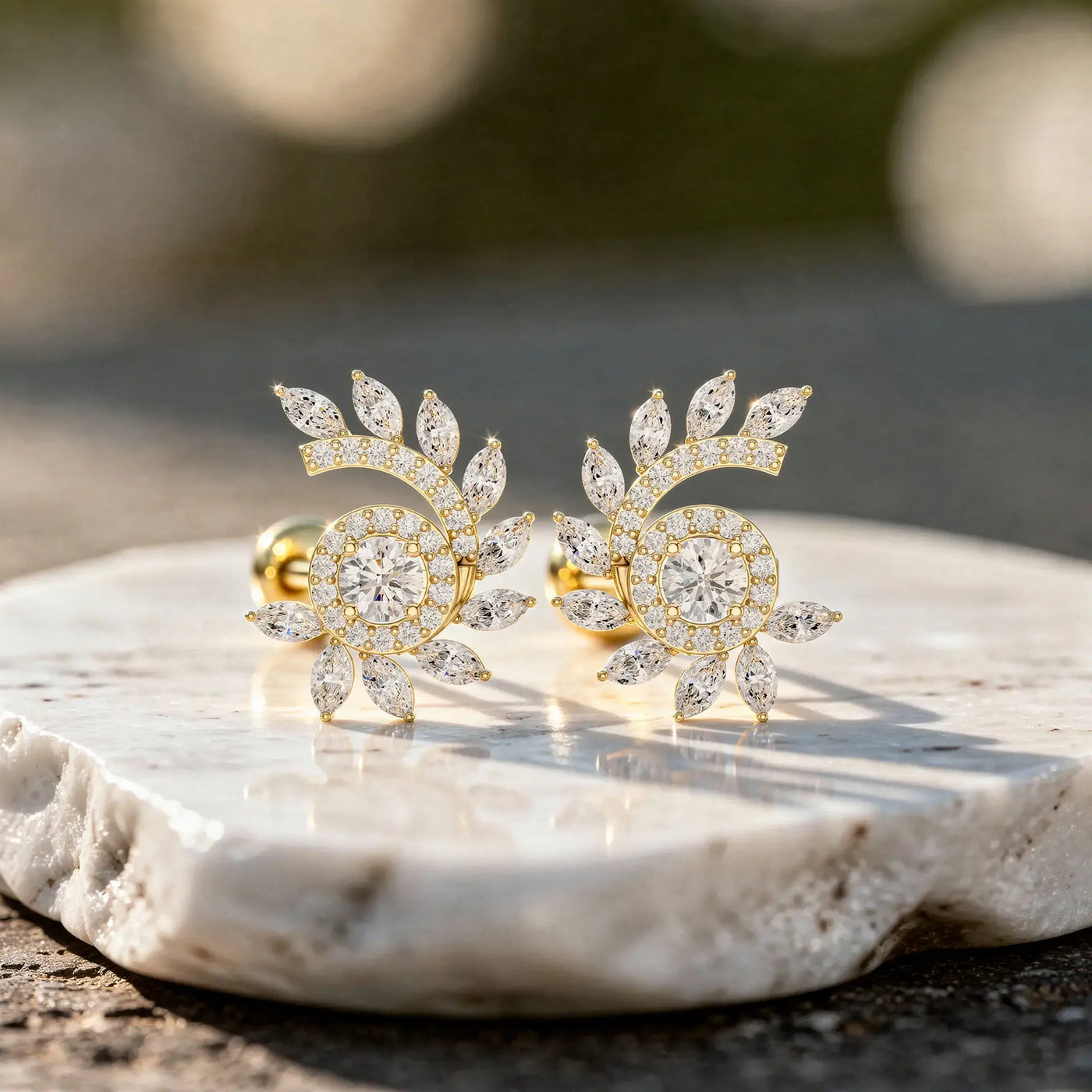 Pair Shot: Round Diamond Earrings with Halo Setting in 14k Yellow Gold - Lab Grown - Driona Jewels