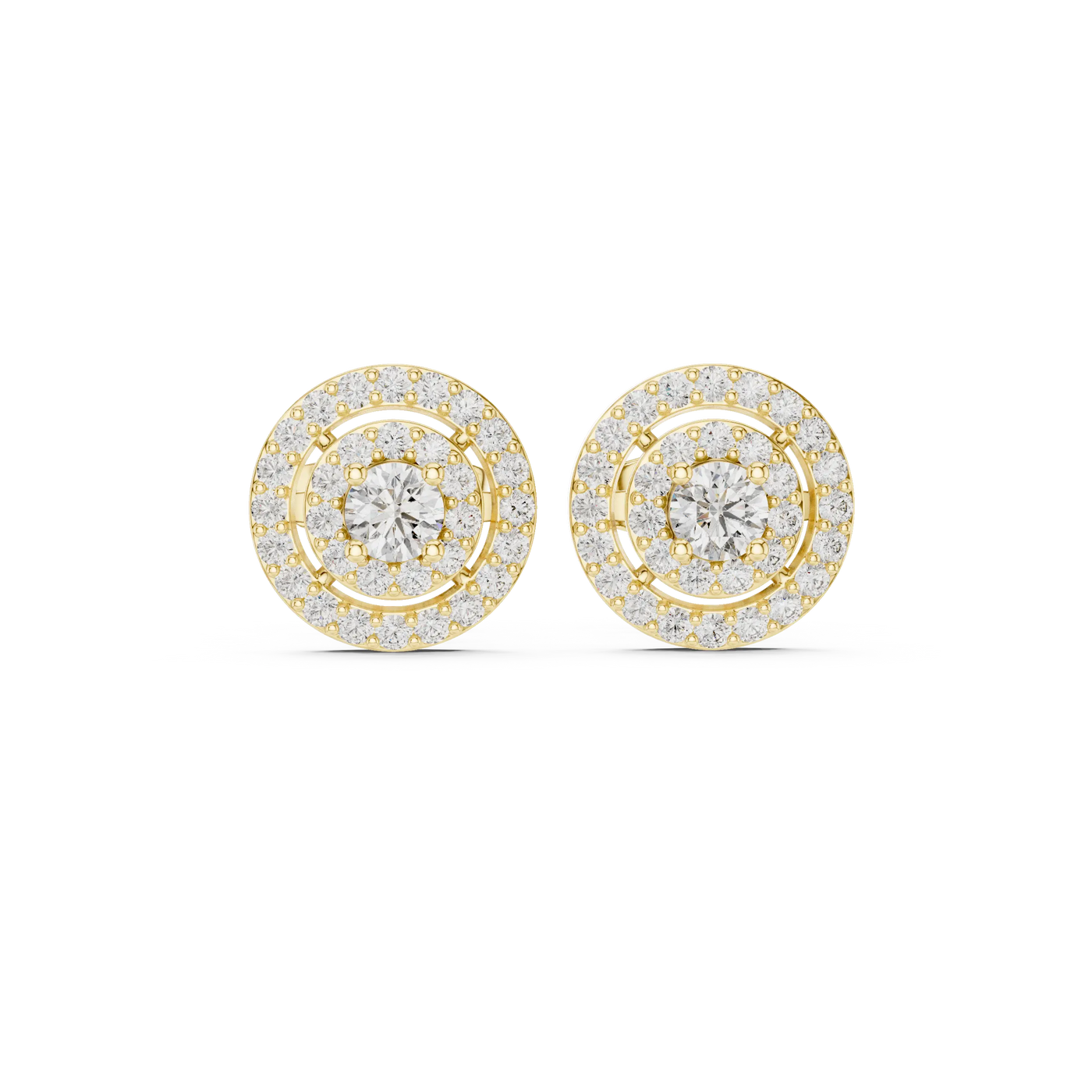 Pair Shot: Round Diamond Earrings with Halo Setting in 14k Yellow Gold - Lab Grown - Driona Jewels