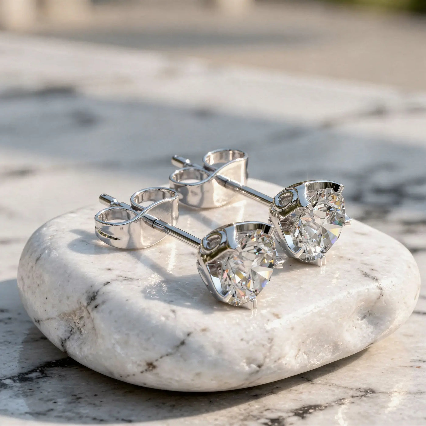 Close-up: Round Diamond Earrings with Stud Setting in 14k White Gold - Lab Grown - Driona Jewels