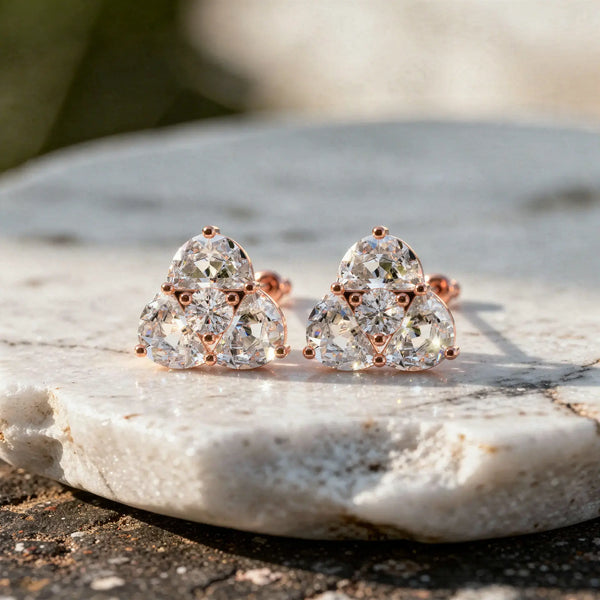 Close-up: Trillion Diamond Earrings with Cluster Setting in 14k Rose Gold - Lab Grown - Driona Jewels