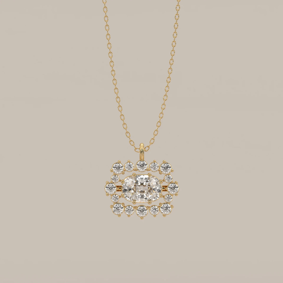East West Cushion Lab Grown Diamond Pendant with Round Diamond Rows in yellow gold, shown from the front.