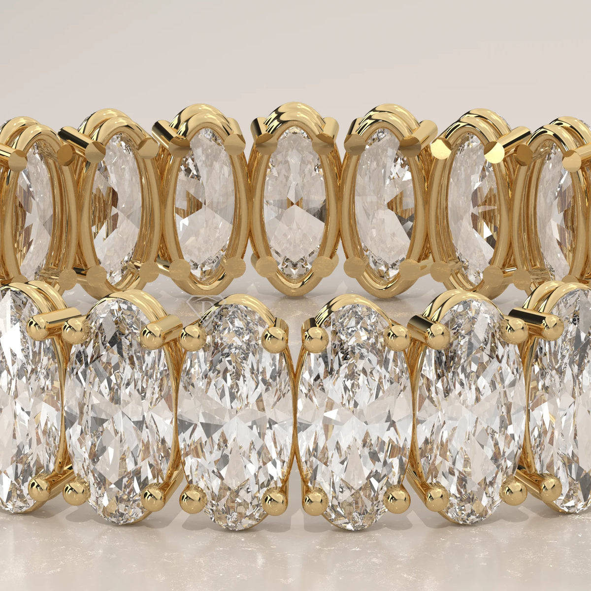 East West Oval Cut Lab Grown Diamond Full Eternity Band in yellow gold, front view on a plain background.