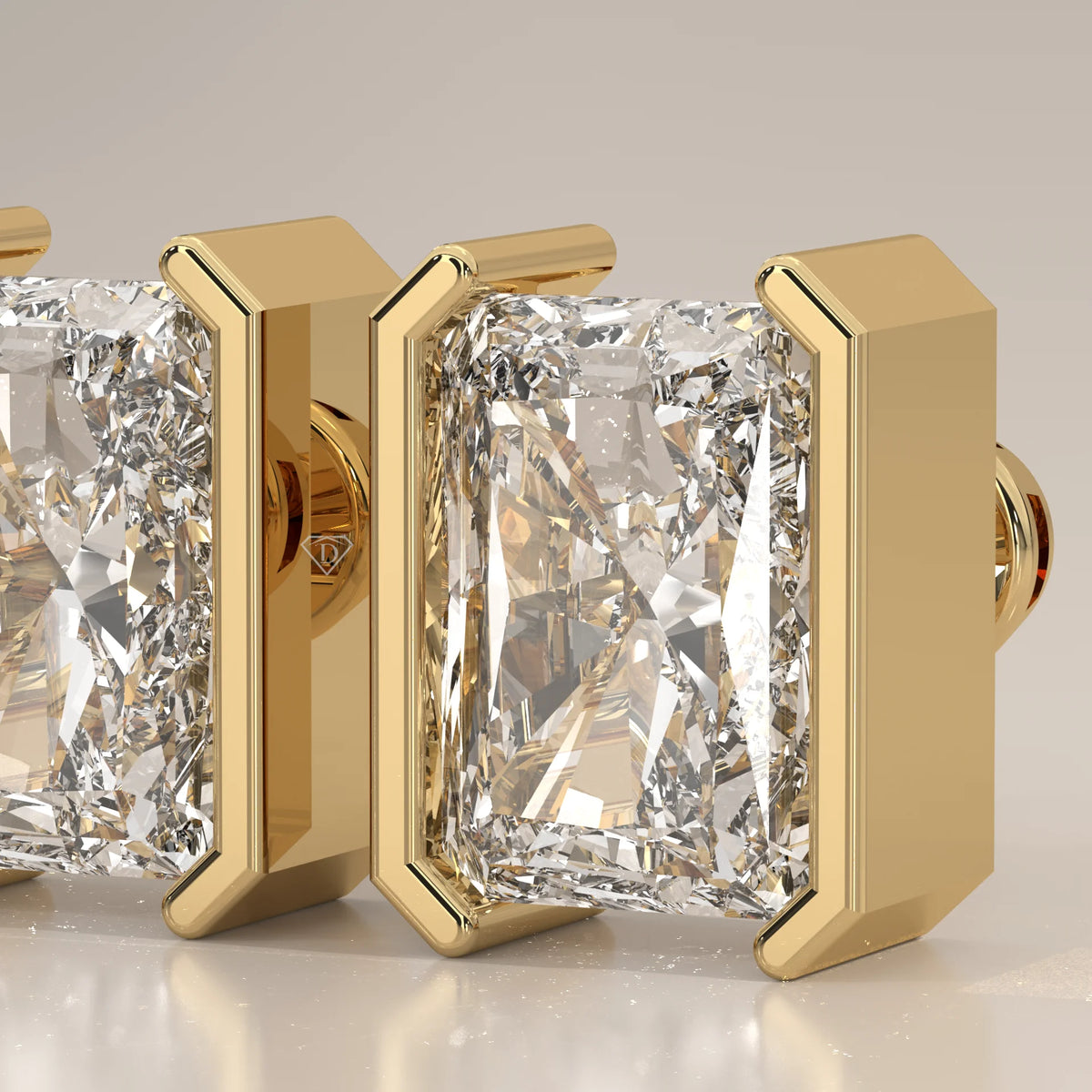 Elongated Radiant Half Bezel Lab Grown Diamond Stud Earrings in yellow gold, front view on a plain background.