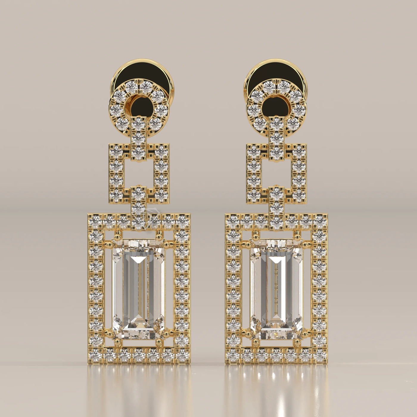 Front View: Emerald Cut Diamond Dangle Earrings with Prong Setting in Yellow Gold – Lab Grown – Driona Jewels