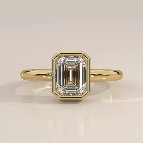 Front View: Emerald Cut Diamond Ring with Bezel Setting in Yellow Gold – Lab Grown – Driona Jewels