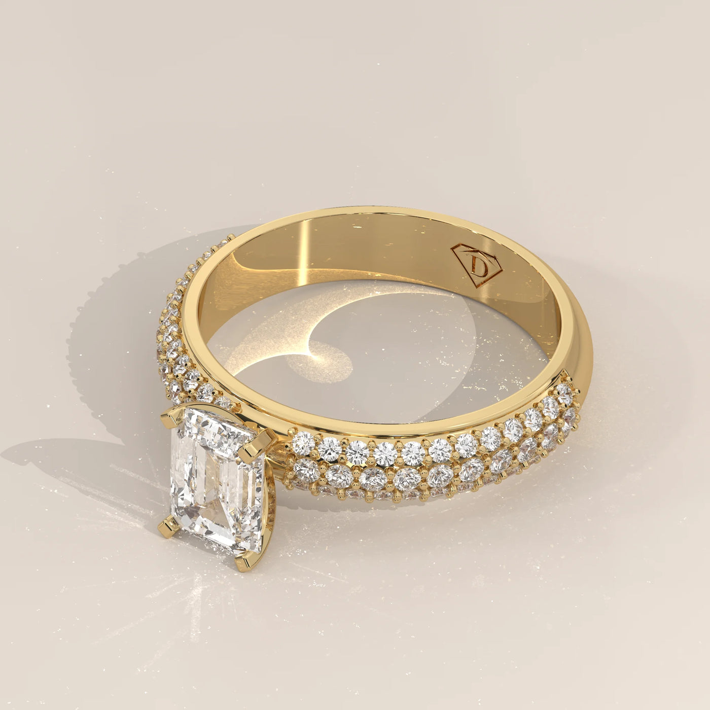 Angle View: Emerald Cut Diamond Ring with Pavé Setting in Yellow Gold – Lab Grown – Driona Jewels