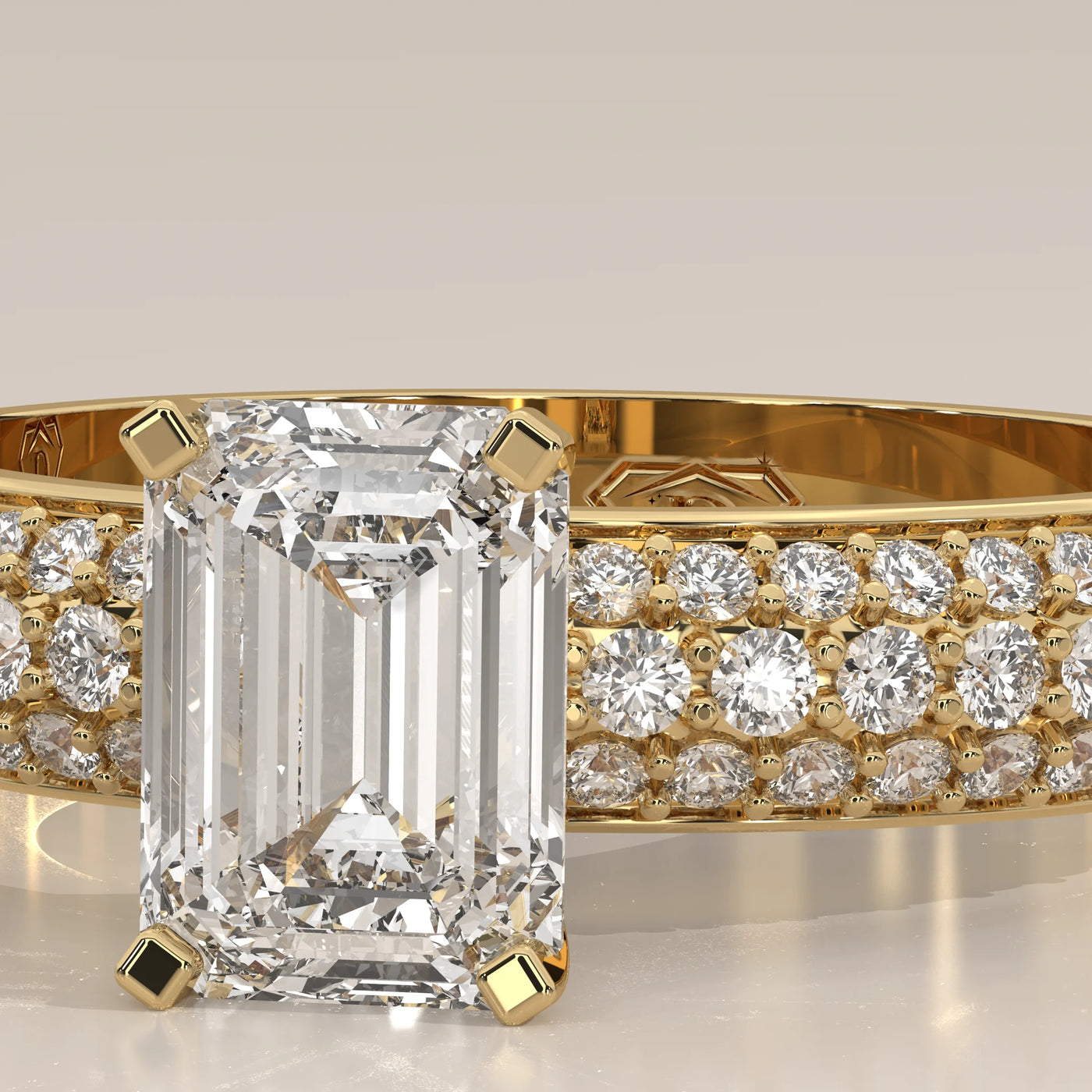 Stone Detail: Emerald Cut Lab Grown Diamonds in Pavé Setting – Yellow Gold – Driona Jewels