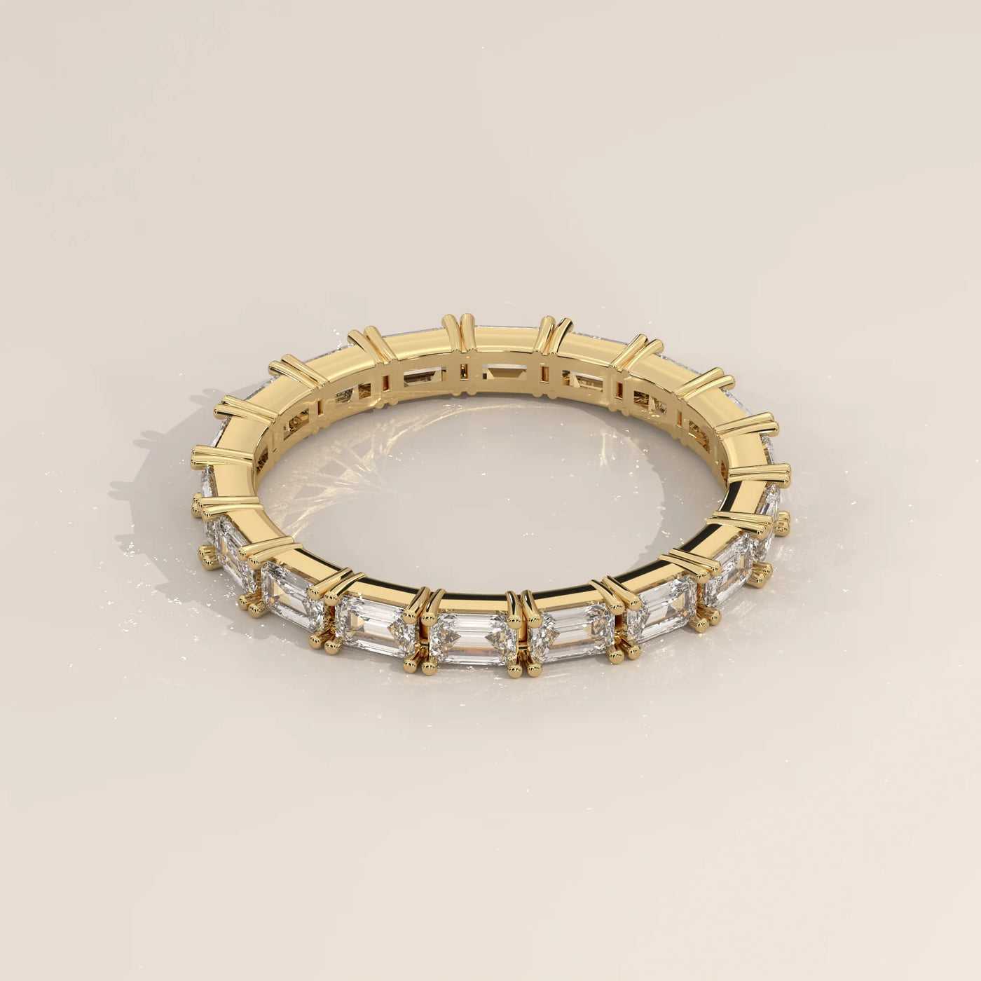 Angle View: Emerald Cut Diamond Eternity Band with Eternity Setting in Yellow Gold – Lab Grown – Driona Jewels