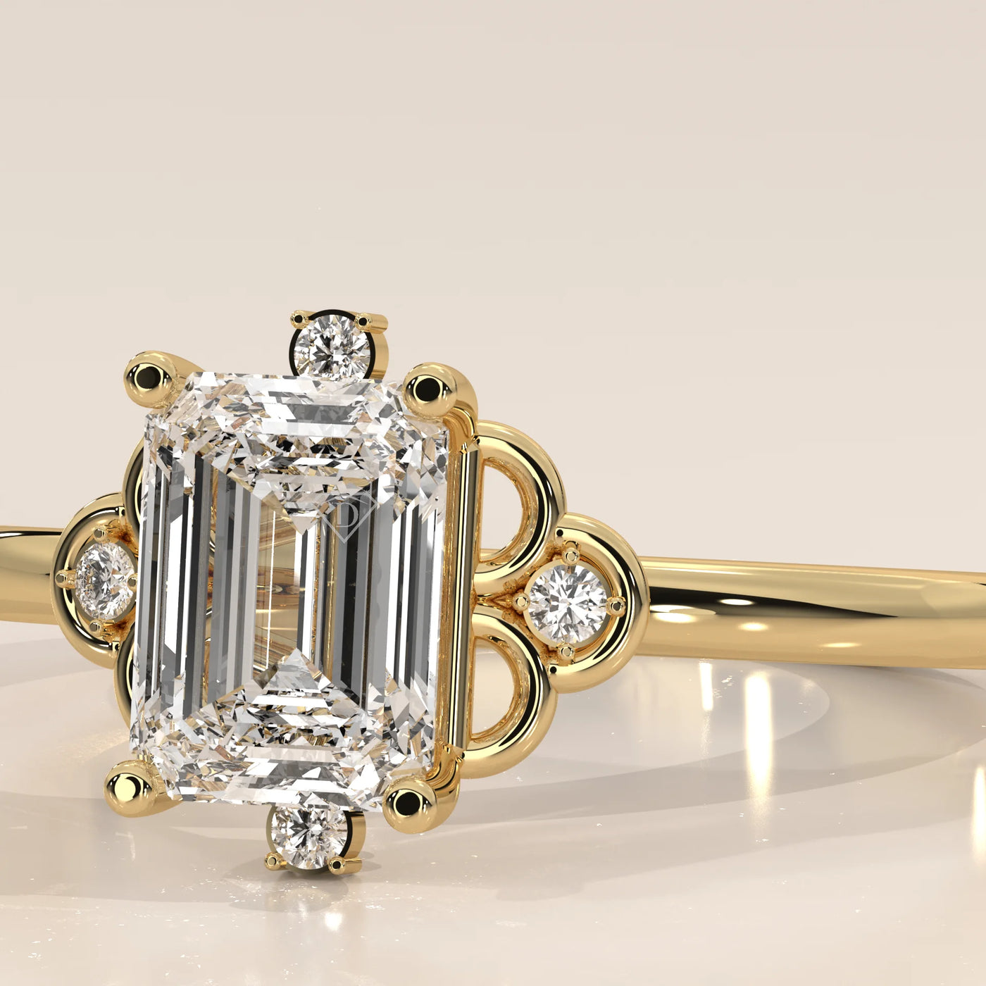 A yellow gold ring with a large emerald-cut diamond at its center, accented by smaller diamonds.