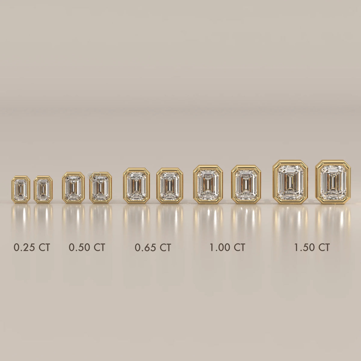 A collection of emerald-cut diamond earrings in gold, shown in increasing sizes.