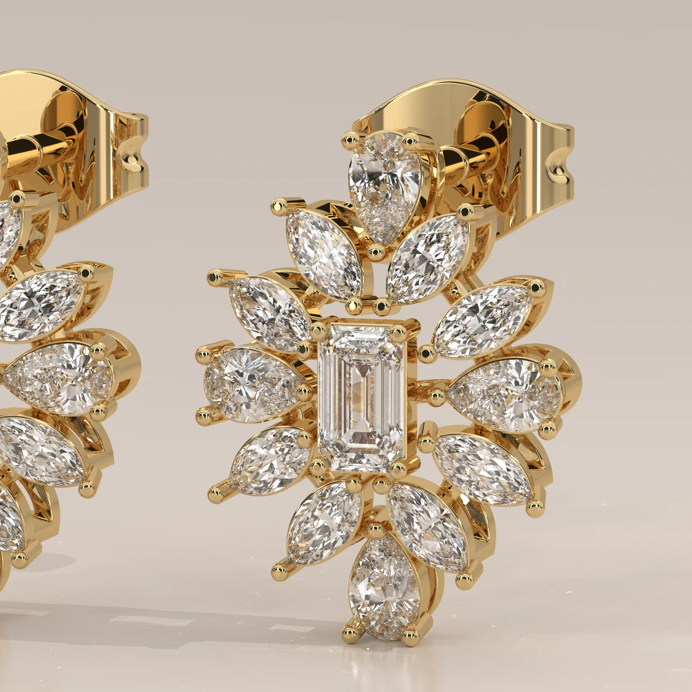 Stone Detail: Emerald Cut Lab Grown Diamonds in Halo Setting – Yellow Gold – Driona Jewels
