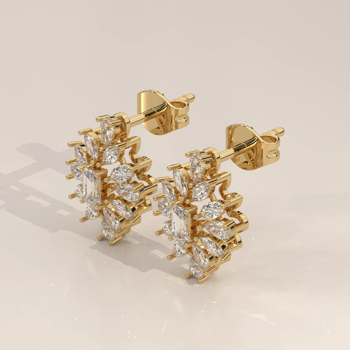Three-Quarter View: Emerald Cut Diamond Stud Earrings with Halo Setting in Yellow Gold – Lab Grown – Driona Jewels