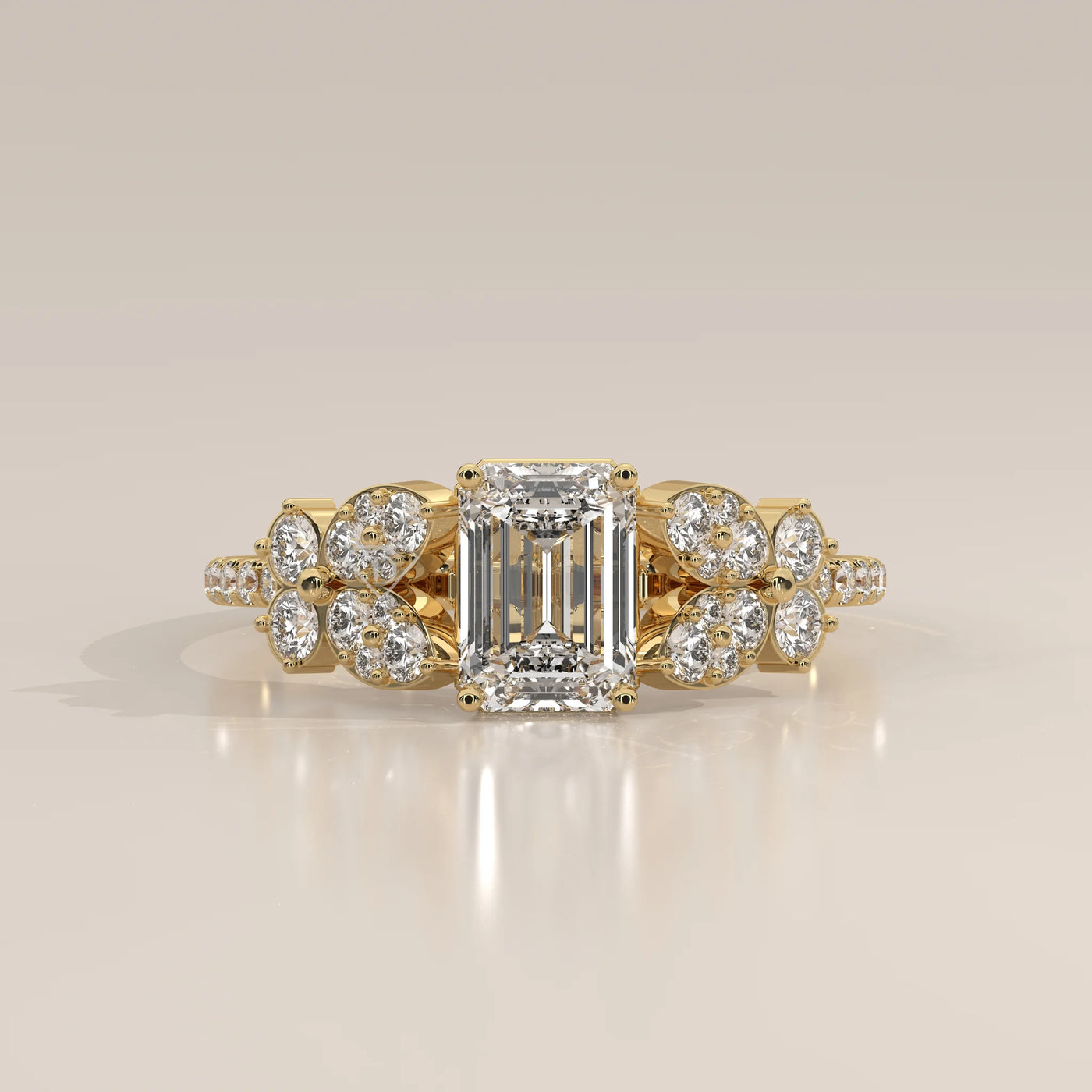 Side Profile: Emerald Cut Diamond Ring with Cluster Setting in Yellow Gold – Lab Grown – Driona Jewels