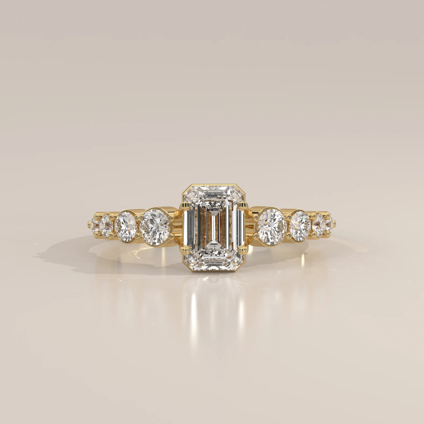 Side Profile: Emerald Cut Diamond Engagement Ring with Prong Setting in Yellow Gold – Lab Grown – Driona Jewels