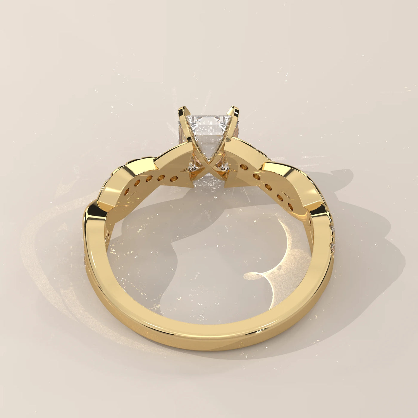 Top View: Emerald Cut Diamond Band with Twisted Setting in Yellow Gold – Lab Grown – Driona Jewels