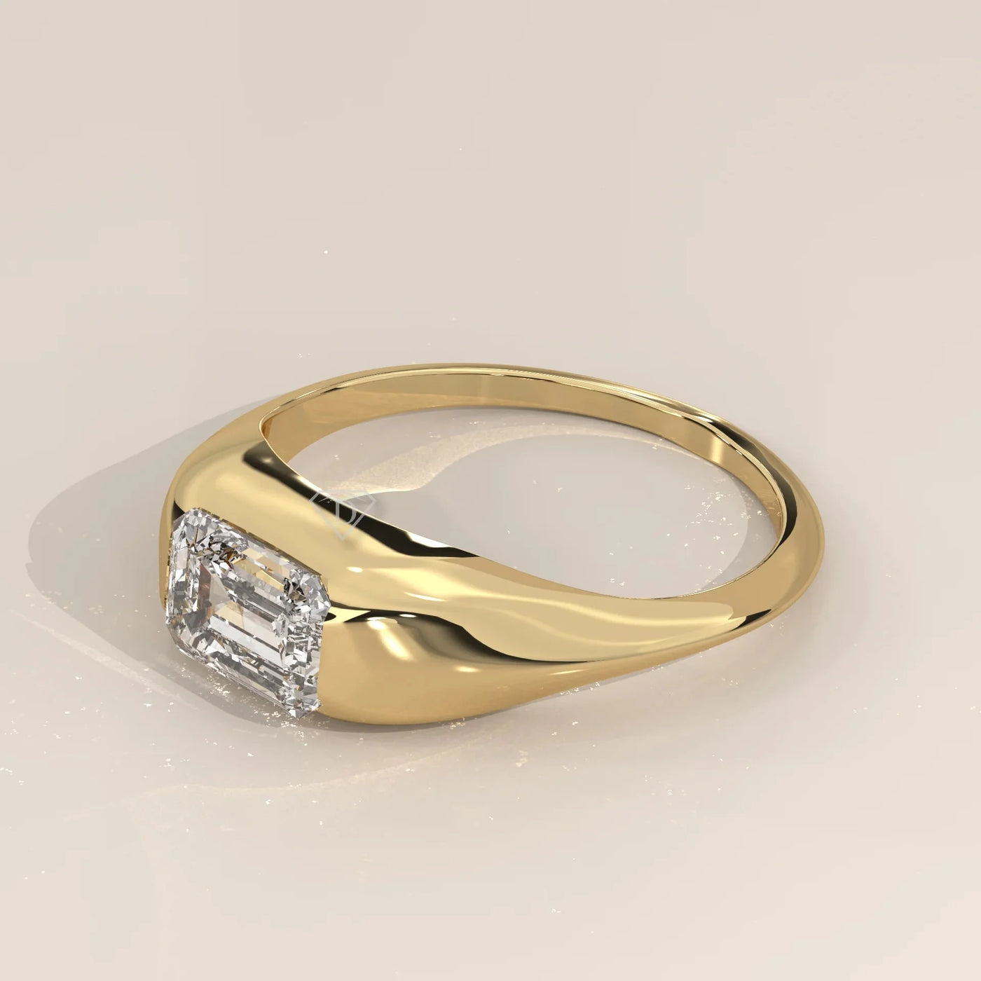 Angle View: Emerald Cut Diamond Signet Ring with Prong Setting in Yellow Gold – Lab Grown – Driona Jewels