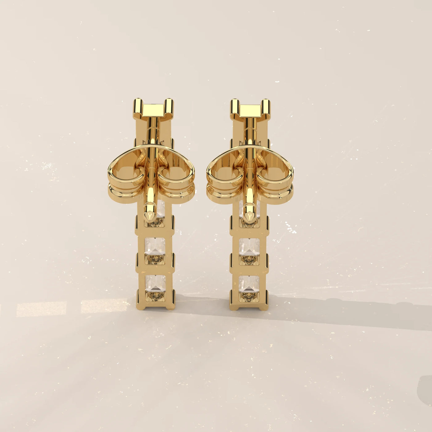 Back View: Emerald Cut Diamond Drop Earrings with Prong Setting in Yellow Gold – Lab Grown – Driona Jewels