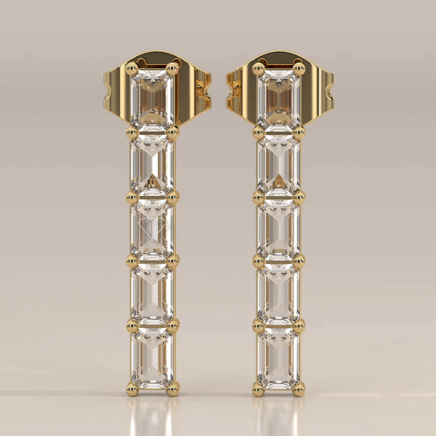 Front View: Emerald Cut Diamond Drop Earrings with Prong Setting in Yellow Gold – Lab Grown – Driona Jewels