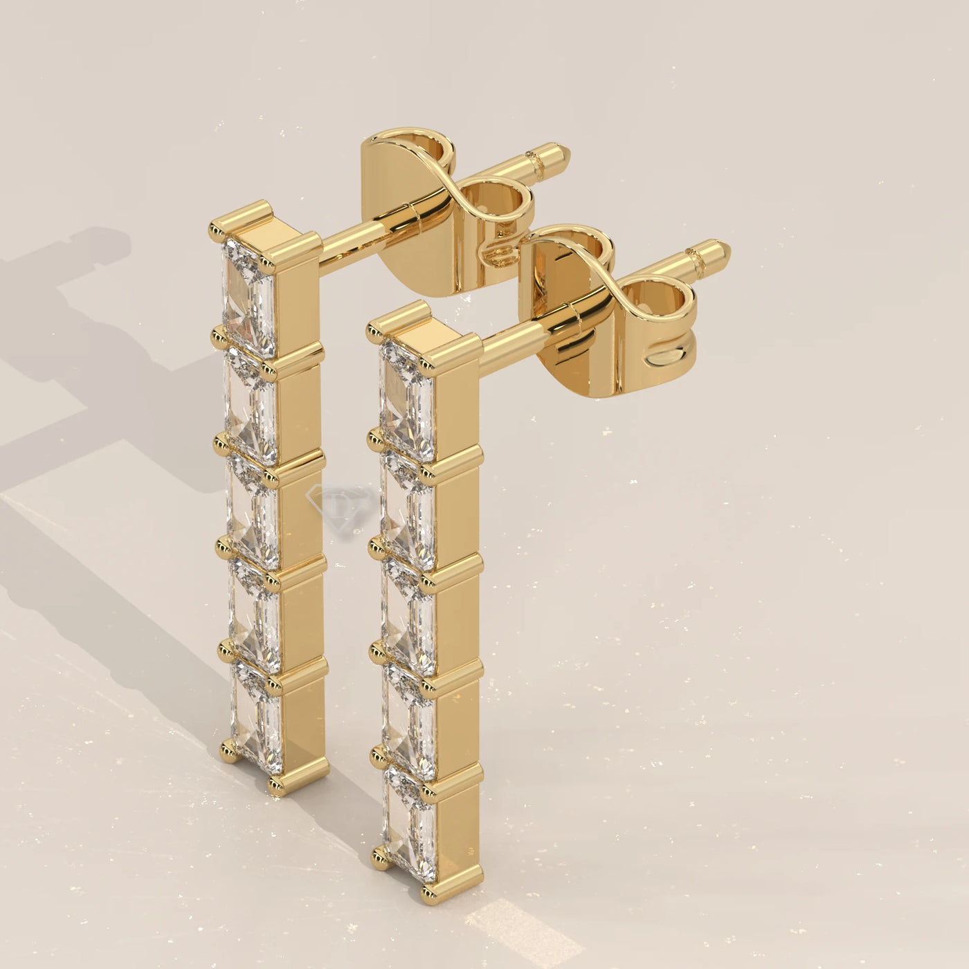 Three-Quarter View: Emerald Cut Diamond Drop Earrings with Prong Setting in Yellow Gold – Lab Grown – Driona Jewels