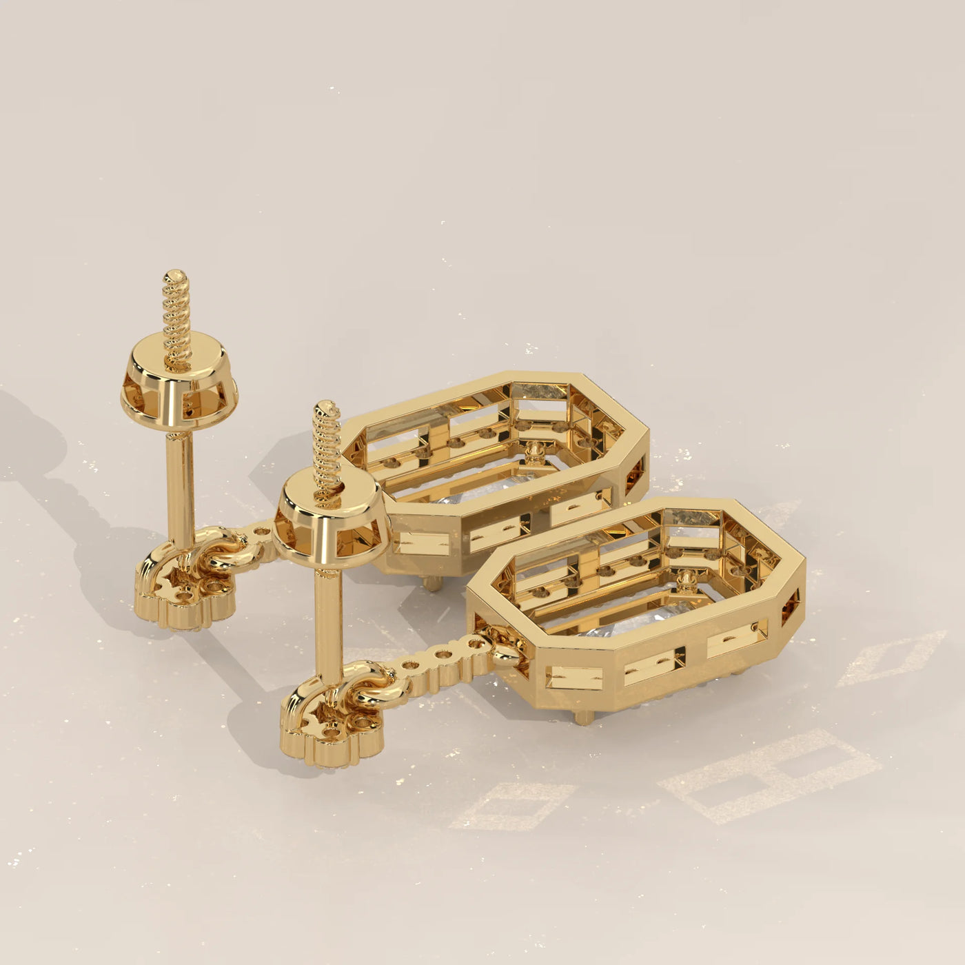 Angle View: Emerald Cut Diamond Dangle Earrings with Halo Setting in Yellow Gold – Lab Grown – Driona Jewels