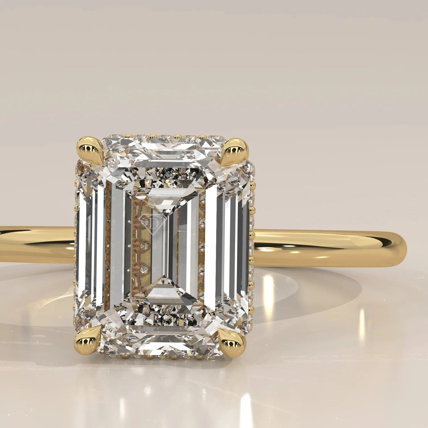 Side Profile: Emerald Cut Diamond Ring with Hidden Halo Setting in Yellow Gold – Lab Grown – Driona Jewels