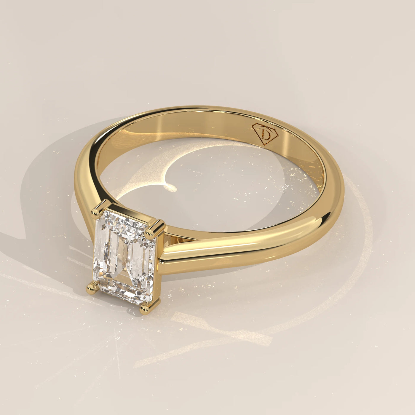 Angle View: Emerald Cut Diamond Ring with Solitaire Setting in Yellow Gold – Lab Grown – Driona Jewels