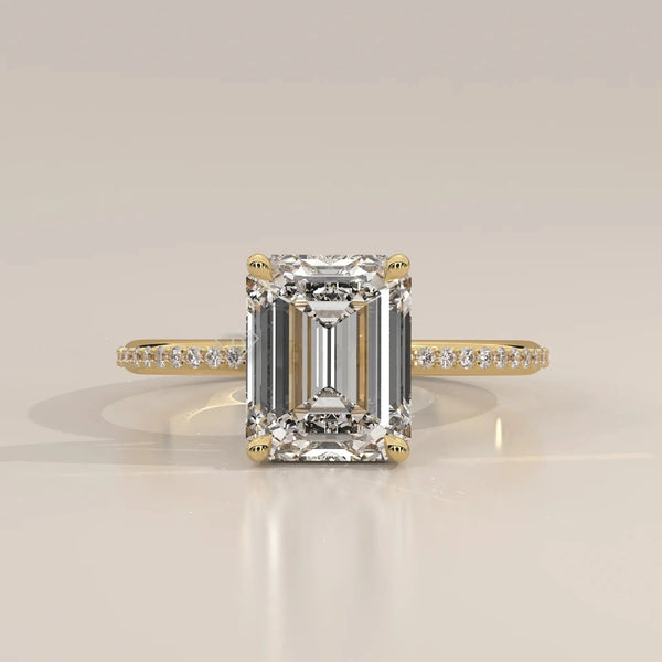 Front View: Emerald Cut Diamond Ring with Pavé Setting in Yellow Gold – Lab Grown – Driona Jewels