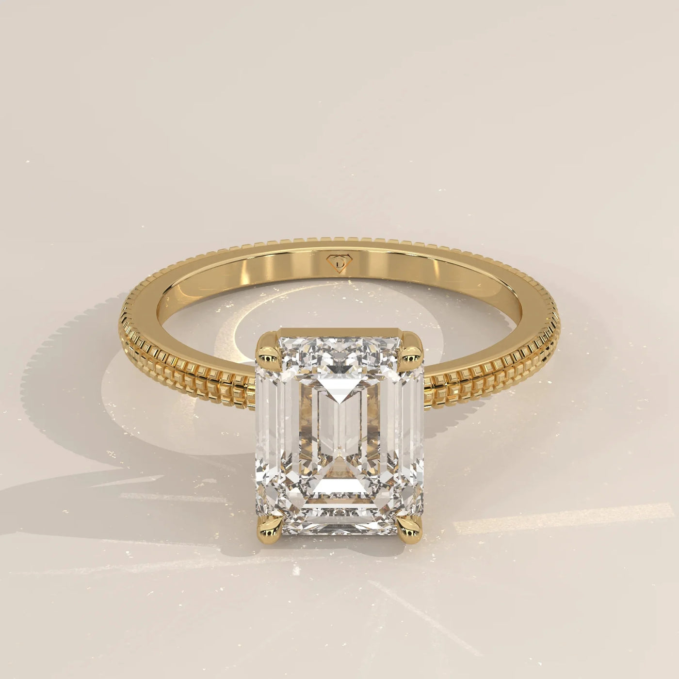 Angle View: Emerald Cut Diamond Band with Solitaire Setting in Yellow Gold – Lab Grown – Driona Jewels