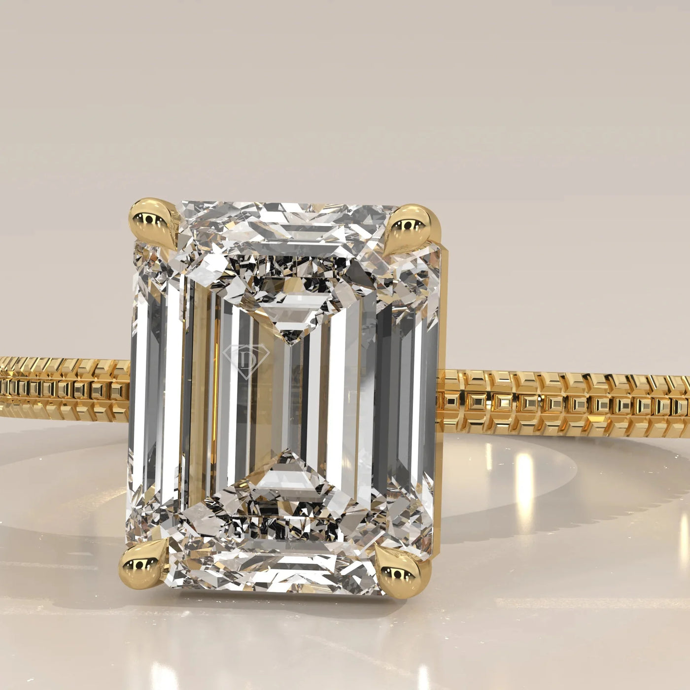 Front View: Emerald Cut Diamond Band with Solitaire Setting in Yellow Gold – Lab Grown – Driona Jewels