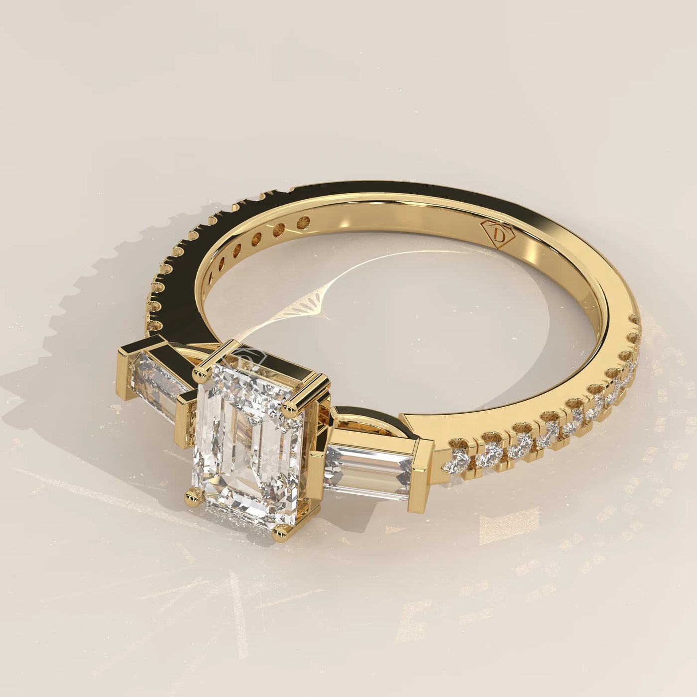 Angle View: Emerald Cut Diamond Ring with Three-Stone Setting in Yellow Gold – Lab Grown – Driona Jewels