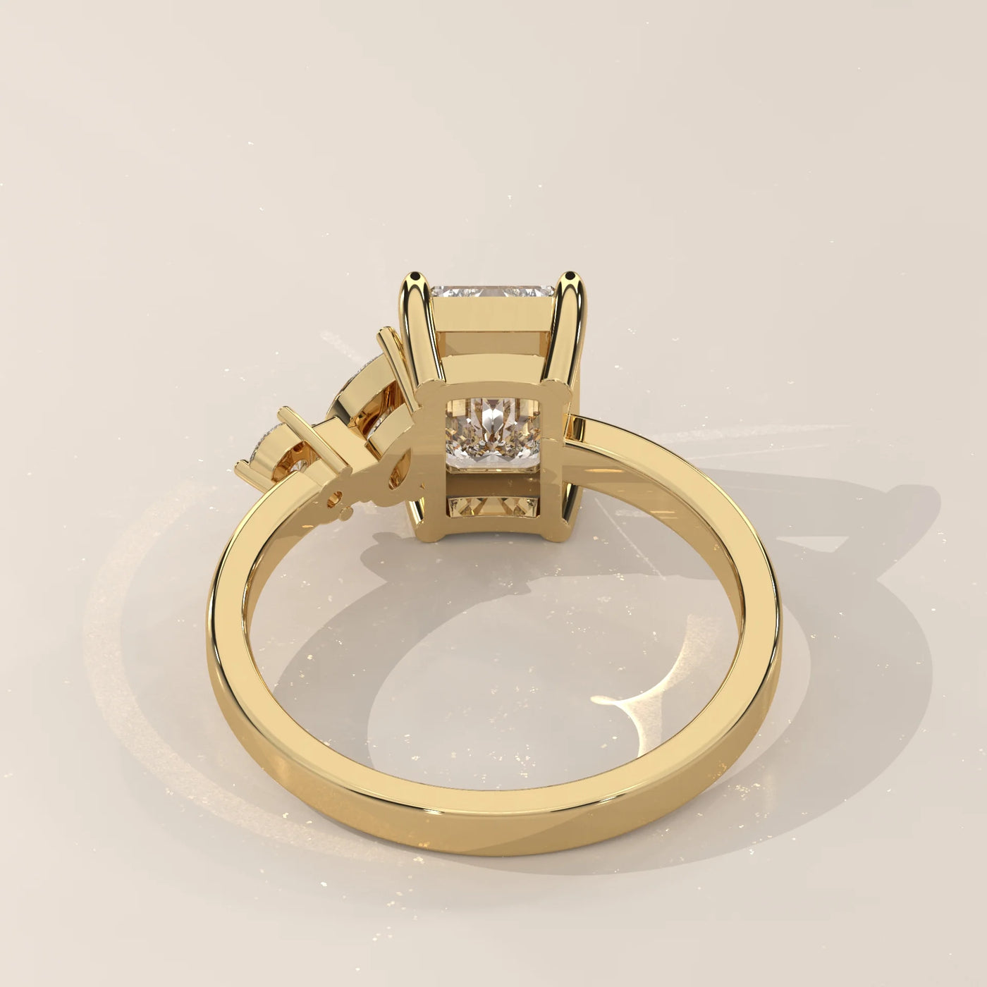Top View: Emerald Cut Diamond Ring with Three-Stone Setting in Yellow Gold – Lab Grown – Driona Jewels