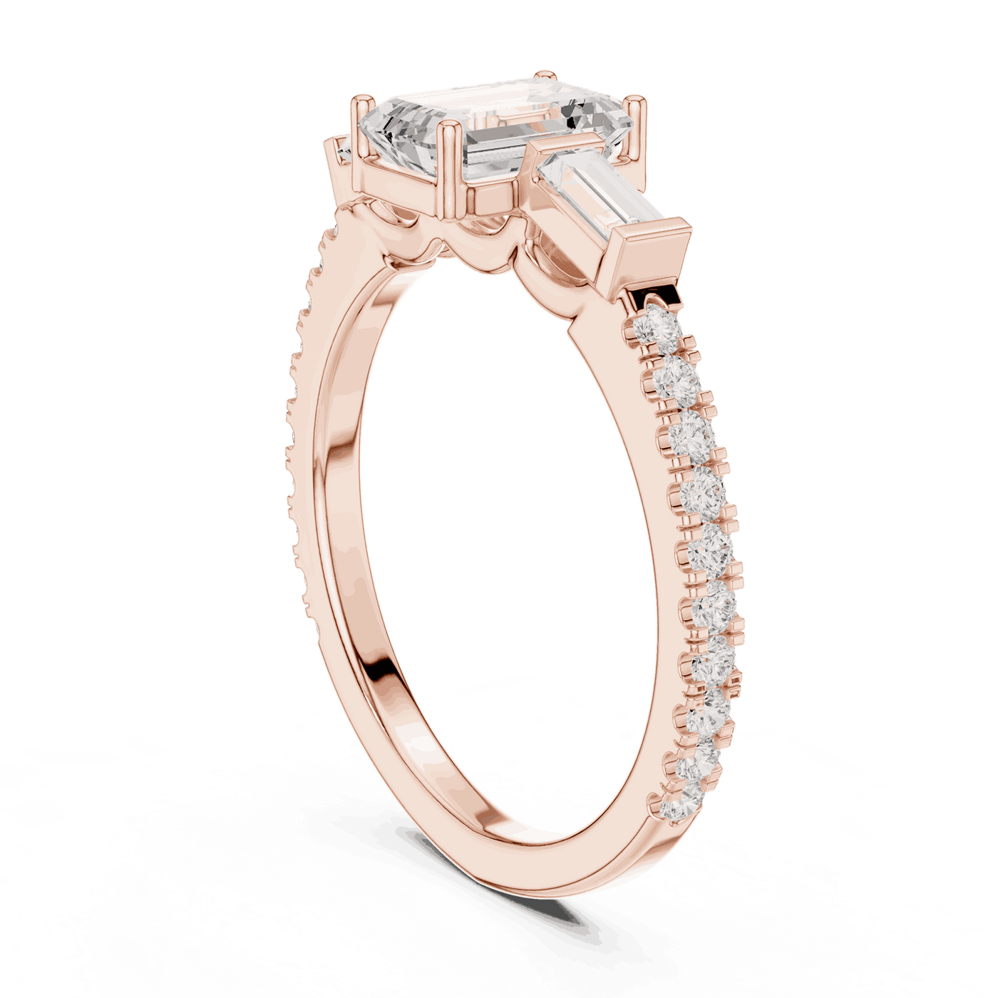 Emerald Diamond Three Stone Baguette Pave Engagement Ring Rose Gold 18K | Lab Grown | Driona Jewels