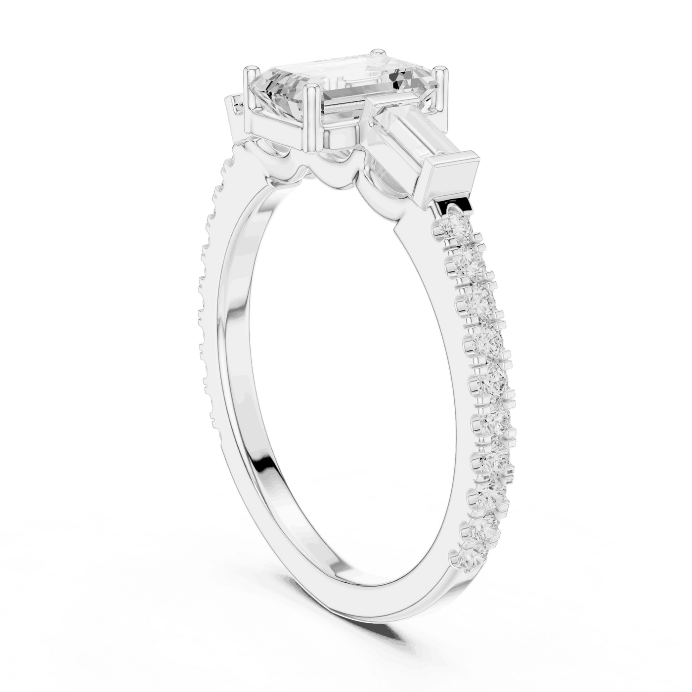 Emerald Diamond Three Stone Baguette Pave Engagement Ring Rose Gold 18K | Lab Grown | Driona Jewels