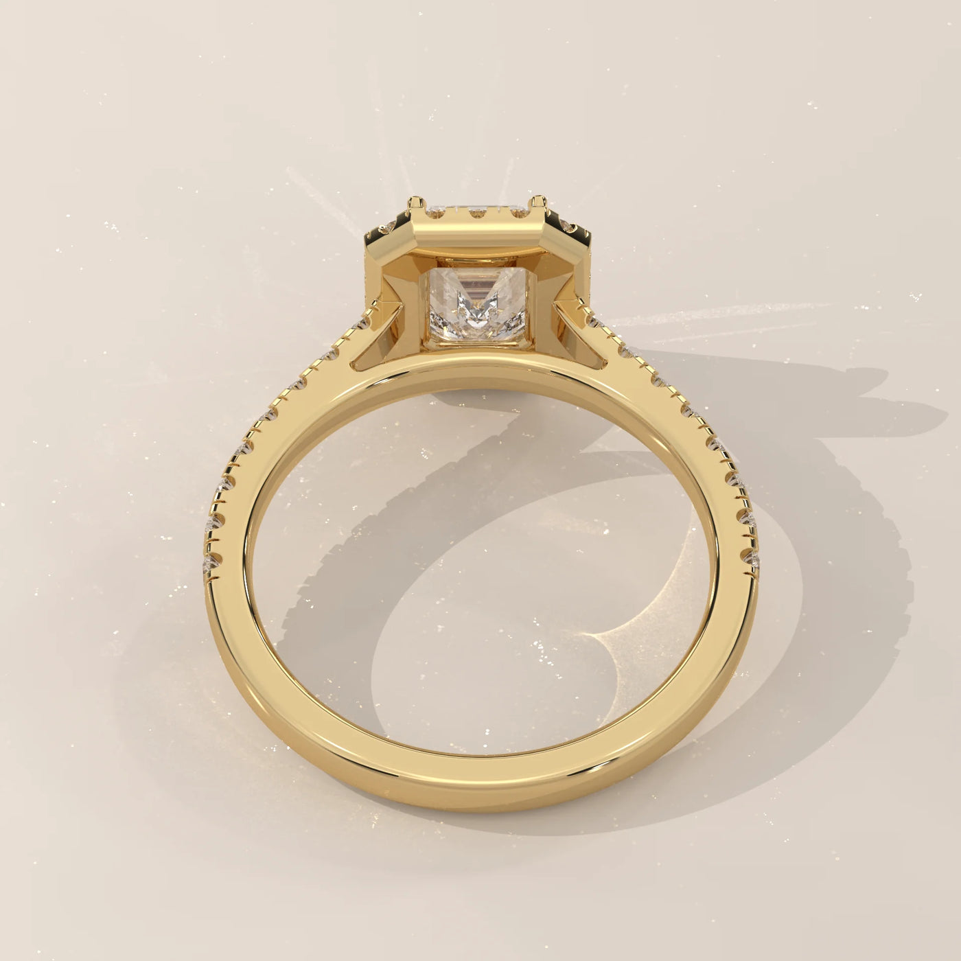 Top View: Emerald Cut Diamond Engagement Ring with Halo Setting in Yellow Gold – Lab Grown – Driona Jewels