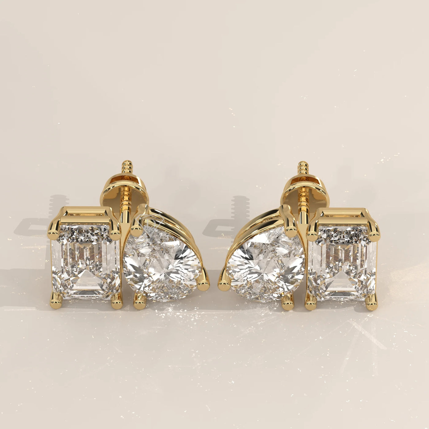 Pair Front View: Emerald Cut Diamond Stud Earrings with Prong Setting in Yellow Gold – Lab Grown – Driona Jewels