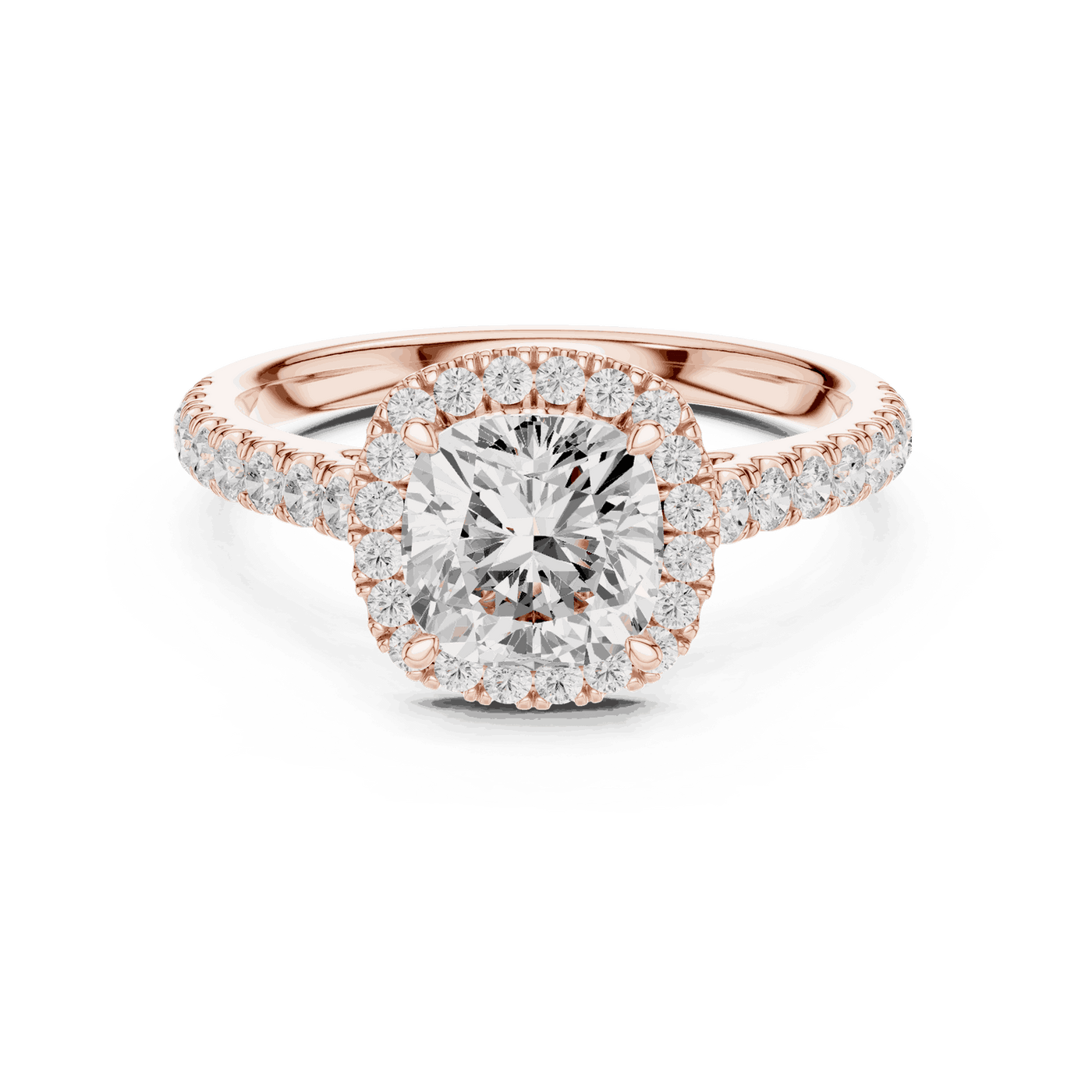 Front View: Cushion Diamond Halo Engagement Ring with Pavé Band in 18K Rose Gold – Lab Grown – Driona Jewels