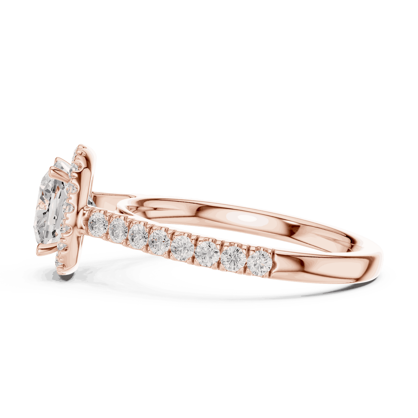 Side Profile: Cushion Diamond Halo Engagement Ring with Pavé Band in 18K Rose Gold – Lab Grown – Driona Jewels