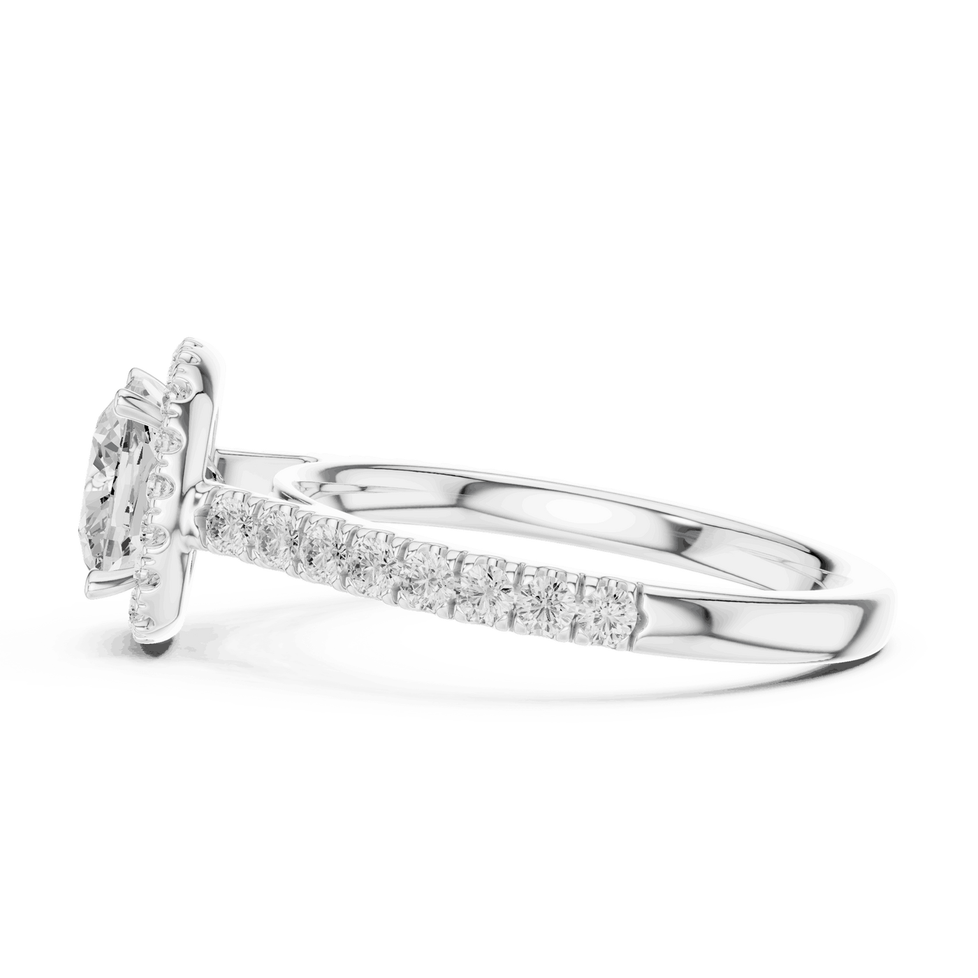 Three-Quarter View: Cushion Diamond Halo Engagement Ring with Pavé Band in 18K Rose Gold – Lab Grown – Driona Jewels