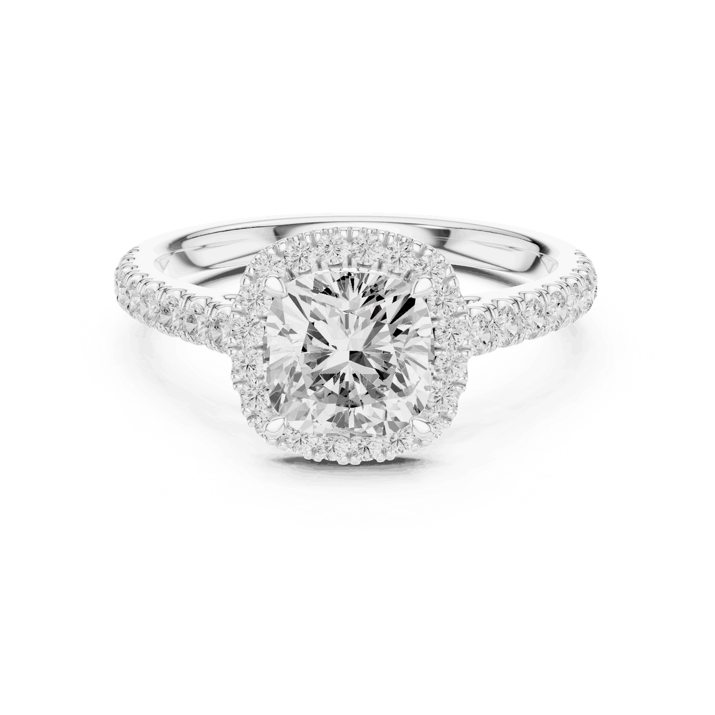 Front View: Cushion Diamond Halo Engagement Ring with Pavé Band in 18K White Gold – Lab Grown – Driona Jewels