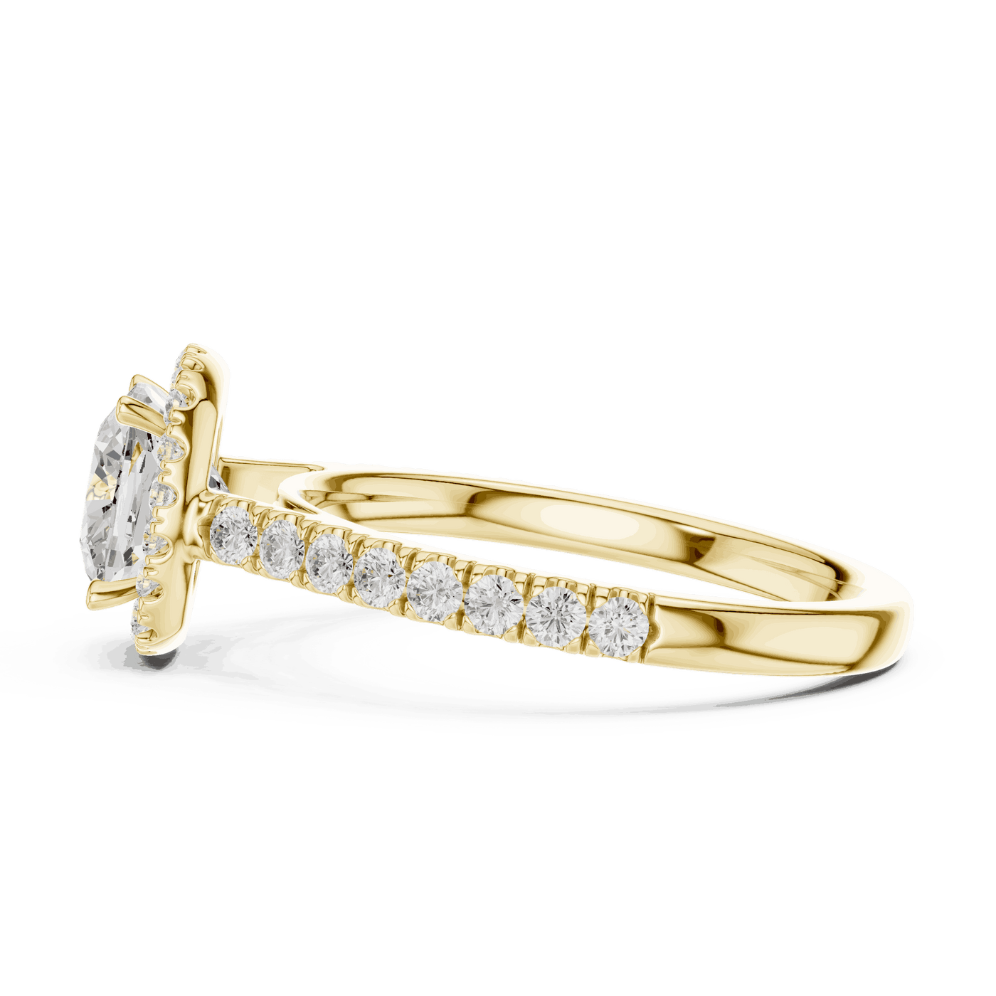 Side Profile: Cushion Diamond Halo Engagement Ring with Pavé Band in 18K White Gold – Lab Grown – Driona Jewels