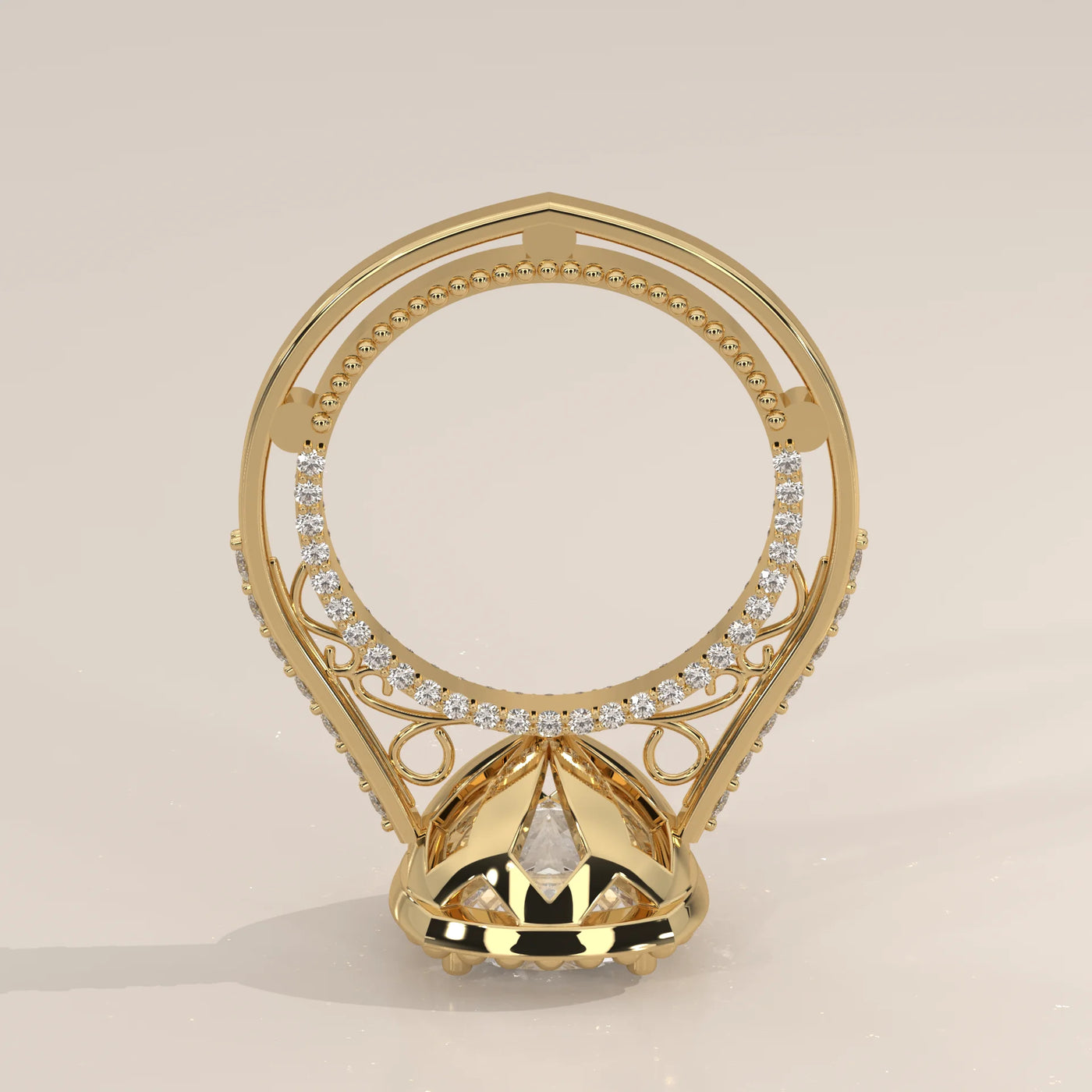 Intricate 14k yellow gold engagement ring with diamonds, showing the band and setting.