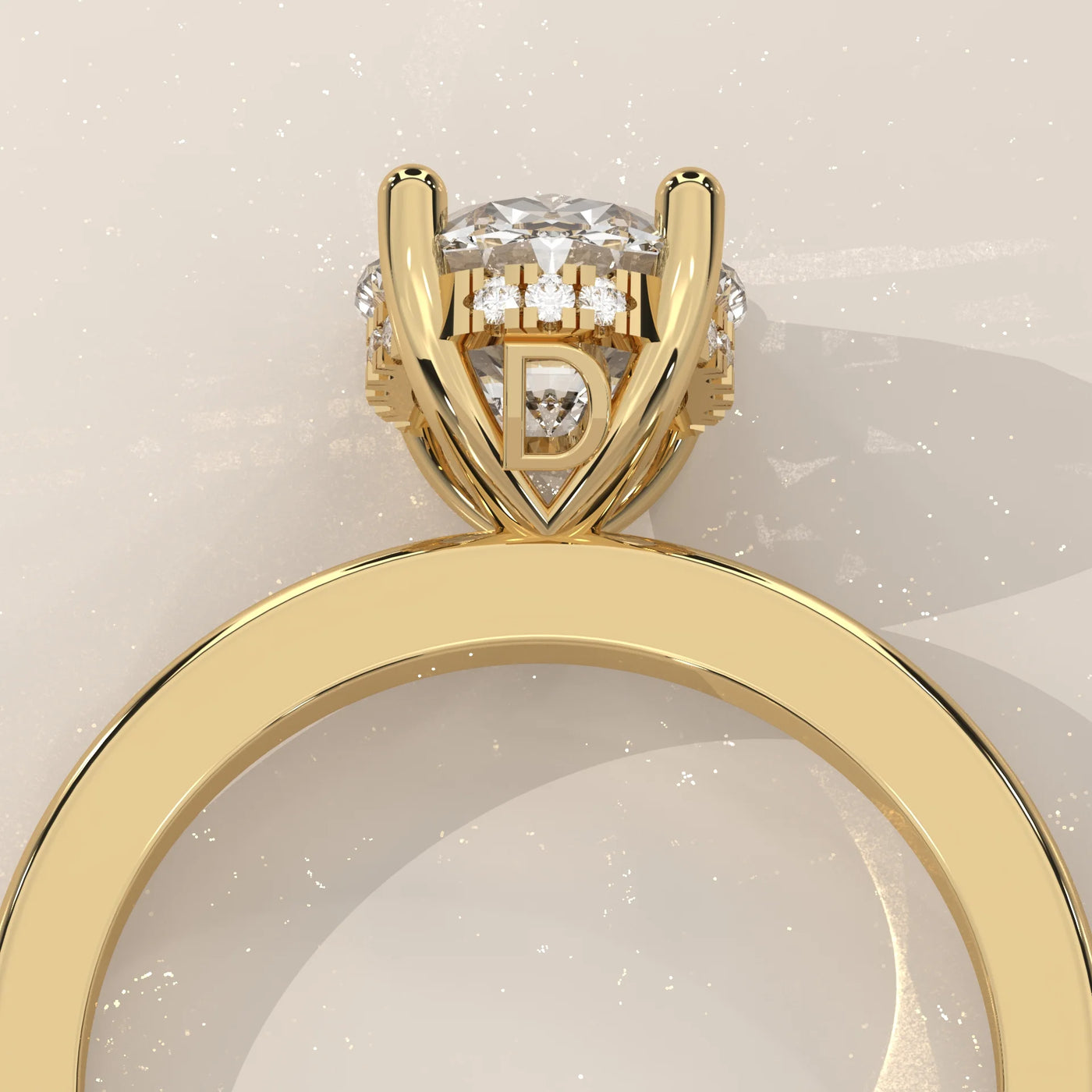 Close-up of a 14k gold engagement ring with a large diamond and smaller accent stones.
