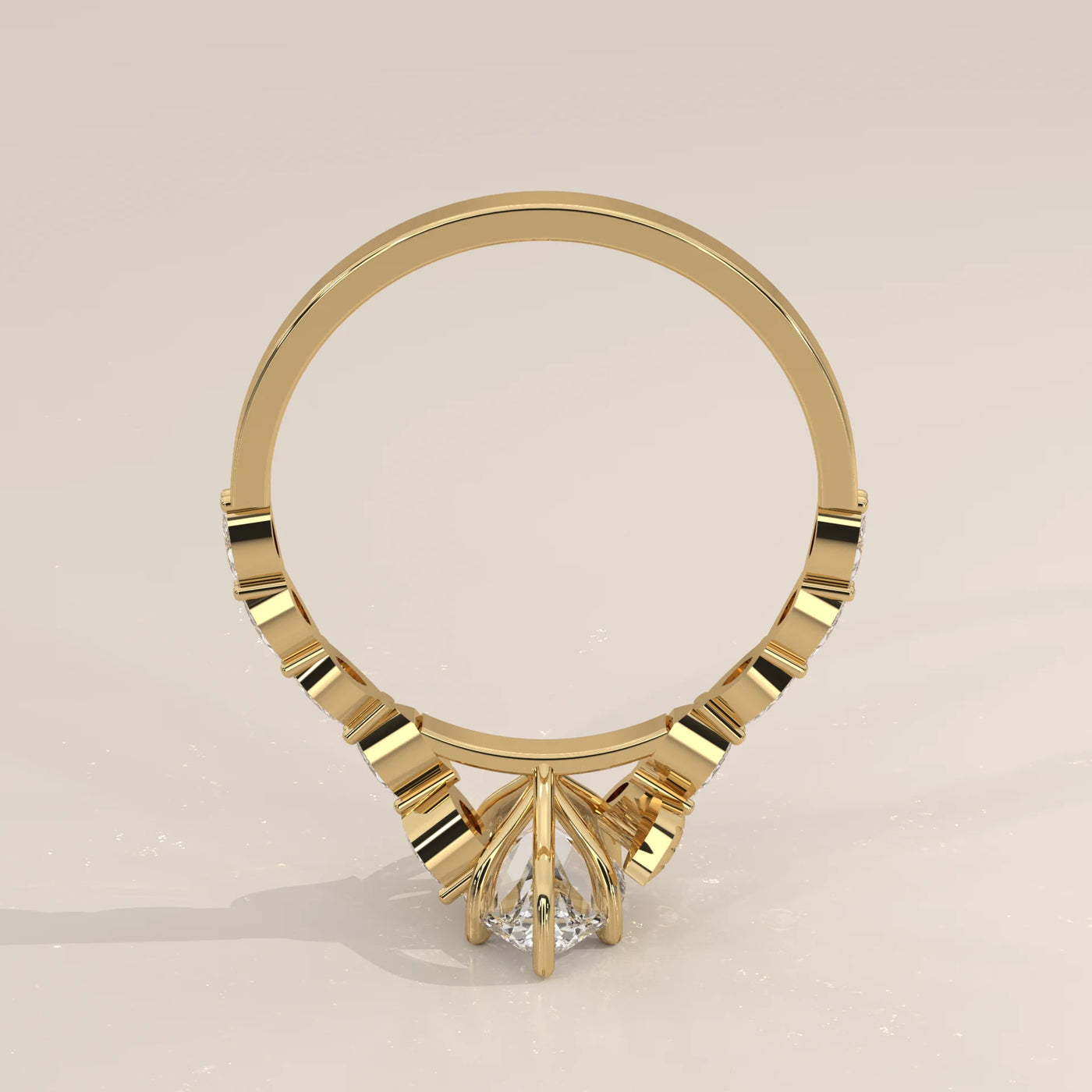 A yellow gold engagement ring with a diamond set in a unique prong setting.