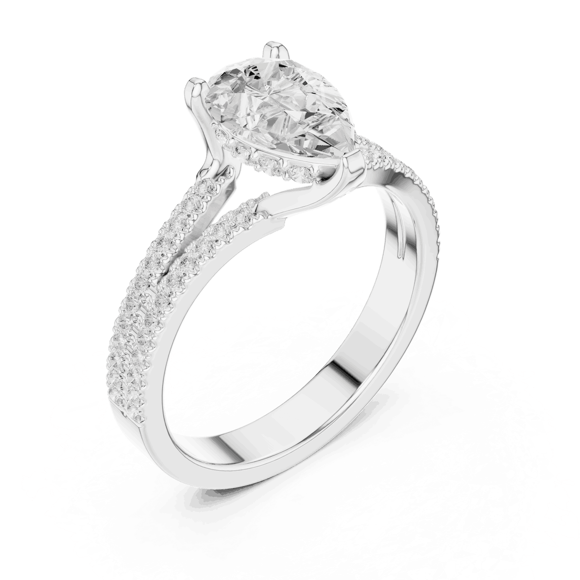 Pear Cut Lab Grown Diamond Split Double Pave Engagement Ring