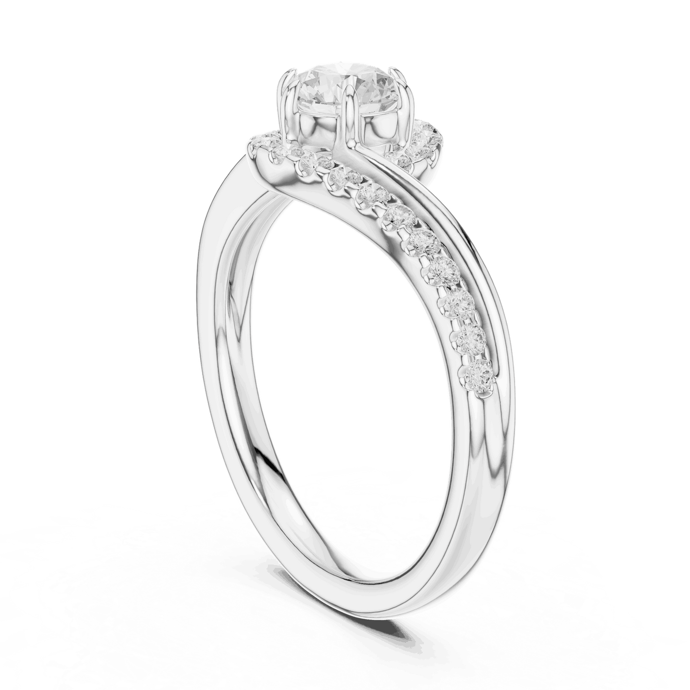 Side Profile: Round Brilliant Diamond Engagement Ring with Bypass Halo Pavé Setting in 18K White Gold – Lab Grown – Driona Jewels