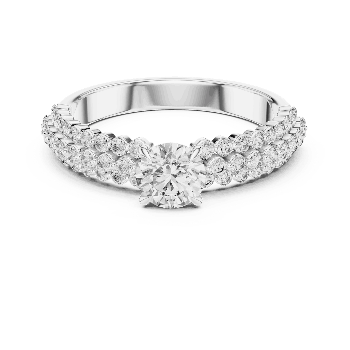 Front View: Round Brilliant Diamond Solitaire Engagement Ring with Double-Row Pavé Band in 18K White Gold – Lab Grown – Driona Jewels