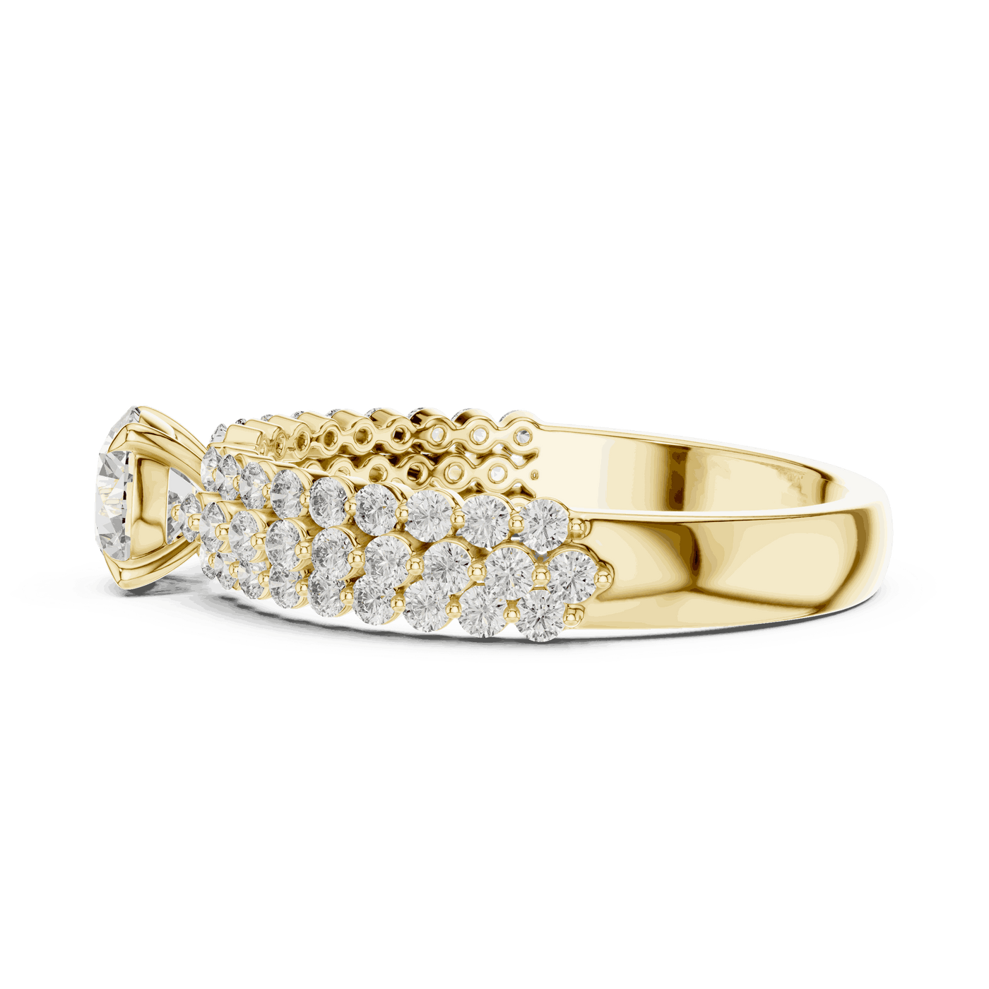 Side Profile: Round Brilliant Diamond Solitaire Engagement Ring with Double-Row Pavé Band in 18K Yellow Gold – Lab Grown – Driona Jewels