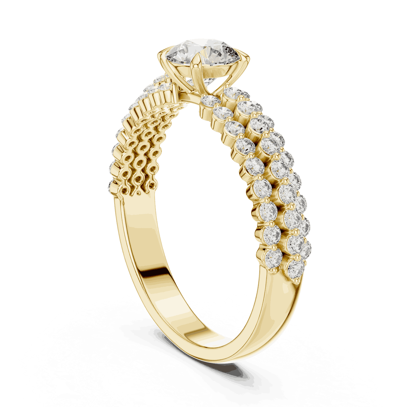 Three-Quarter View: Round Brilliant Diamond Solitaire Engagement Ring with Double-Row Pavé Band in 18K Yellow Gold – Lab Grown – Driona Jewels