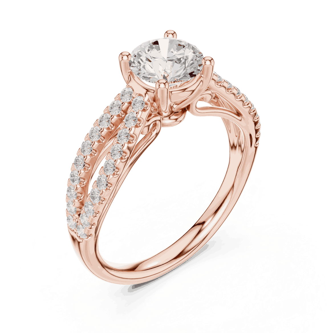 Angle View: Round Brilliant Diamond Solitaire Engagement Ring with Micro-Pavé Split Shank in 18K Rose Gold – Lab Grown – Driona Jewels