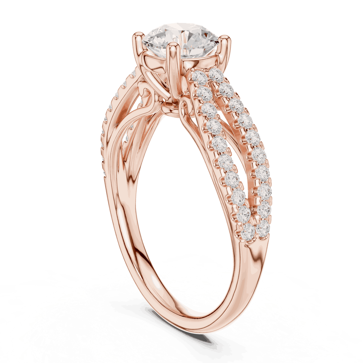 Three-Quarter View: Round Brilliant Diamond Solitaire Engagement Ring with Micro-Pavé Split Shank in 18K Rose Gold – Lab Grown – Driona Jewels